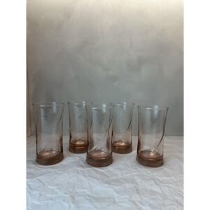 Set of 5 Vintage Blush Pink Swirl Highball Glass Tumblers 5.75" Heavy Base
